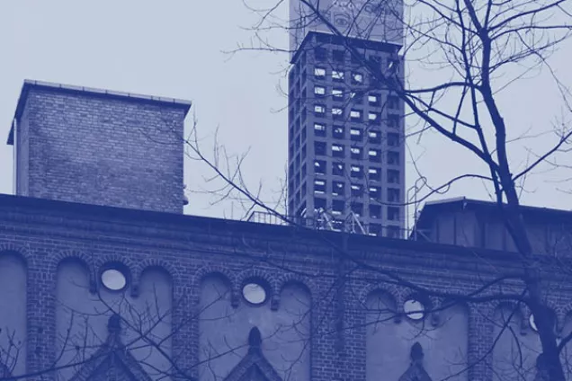 Mazetti factory blue coloured. Photo.