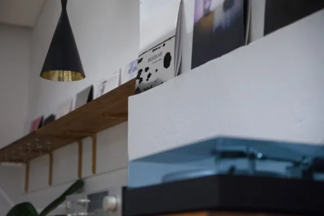 Listening station with record player close vision. Photo.