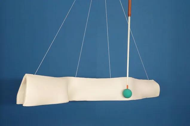 Anja Cecilie Petersen. Responding Arches.jpg Installation view with golf club and white plaster tunnel. Photo.