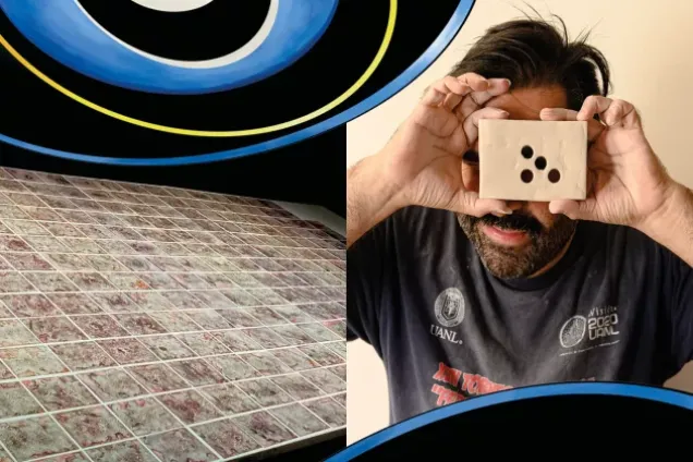 Bertrand looking through an object plus graphics. Illustration.