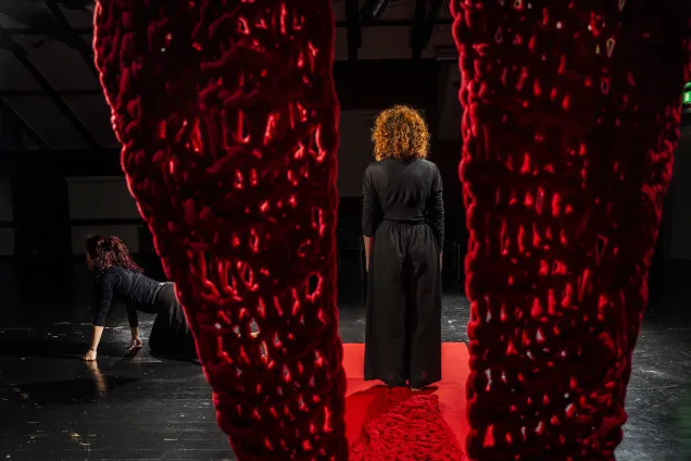 Woman from behind between red curtain. Photo.
