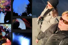Collage with abstract image and two people. Photo.
