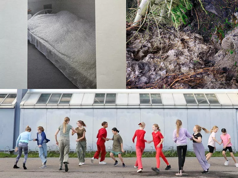 Image collage with pupils, nature and a bed. Photo.